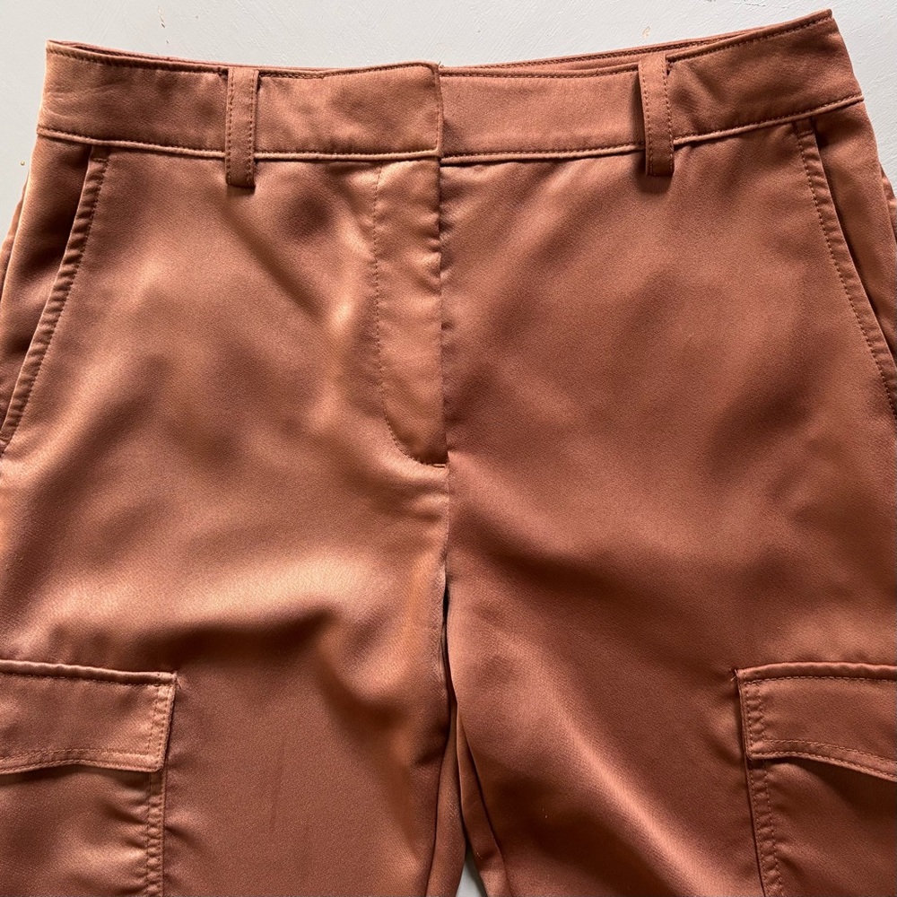 LOFT High Waisted Silky Pumpernickel Satin Cropped Dressy Cargo Pants - Picture 2 of 10